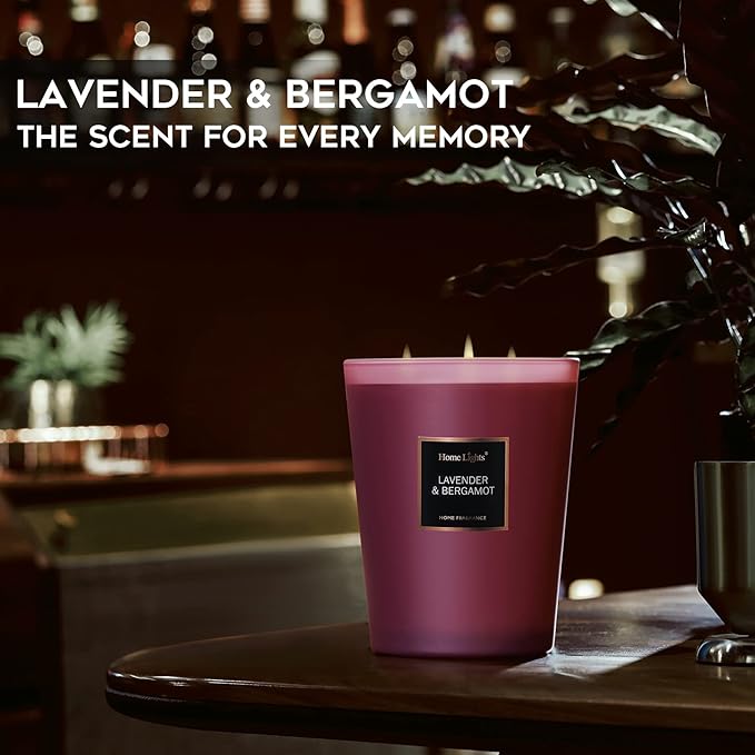 HomeLights Highly Scented Soy Candles Big 33.3 oz for Home. 3 Cotton Wicks, Smokeless Long Lasting 130 hrs in Lavender & Bergamot. 5x6, Great Gift for Women & Men - Bloomnest