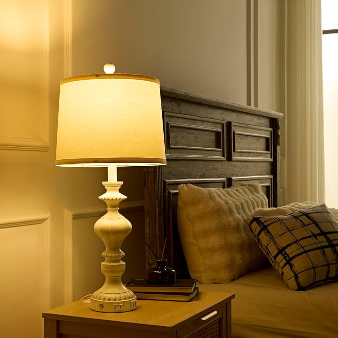 27.5" Farmhouse Table Lamps Set of 2 Bedside Nightstand Lamp with USB C+A Ports & AC Outlet, 3 Way Dimmable Touch Lamps for Bedroom Living Room Office Rustic Lamp (White Gold) - Bloomnest