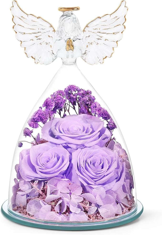 Valentines Day Gifts for Women Preserved Flower Rose, Forever Eternal Flowers in Glass Angel Figurines Real Purple Roses for Delivery Prime for Grandma Mom Sister Her Wife for Mothers Day Birthday - Bloomnest