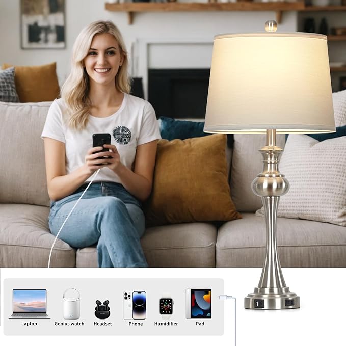 28.75" Silver Table Lamps for Living Room,Touch Lamps for Bedrooms Bedside Lamp 3-Way Dimmable Touch Control, Modern Silver Nightstand Lamp Fabric Shade Mid Century Accent Style（Bulb Inclued） - Bloomnest