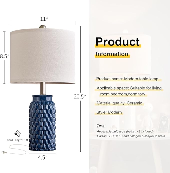20.5 inches Modern Ceramic Dark Blue Bedside Lamp Set of 2 for Bedroom Decor Farmhouse Table Lamp for Living Room Office Dorm - Bloomnest