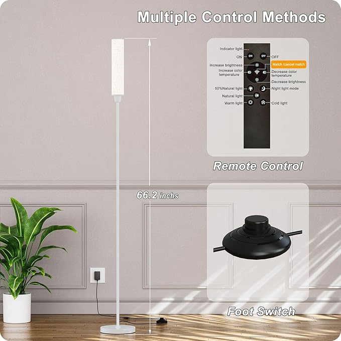 Floor Lamp with Remote Control, Floor Lamps for Living Room/Bedroom/Office, Stepless Adjustable 3000K-6000K Colors and 10-100% Brightness,Standing Light with Foot Switch (White+Beige Linen) - Bloomnest