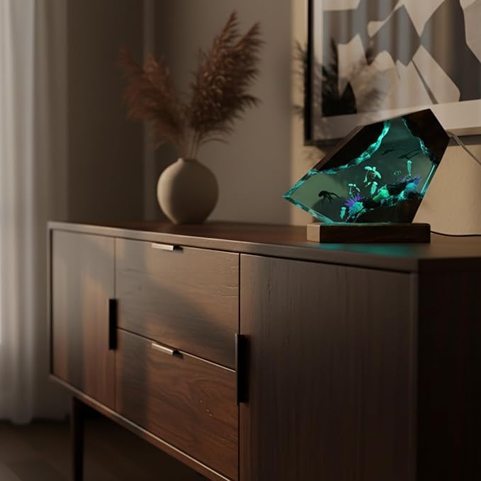 Handmade 3D Ocean Resin Lamp, Epoxy Ocean Night Light with Wooden Base, LED Color Changing Table Lamp, USB Powered Dragons Decor, Unique Ocean Gift for Bedroom & Home Office (Octopus) - Bloomnest