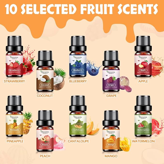 Fruity Essential Oils Gift Set, Premium Fragrance Oil for Candle & Soap Making, Coconut, Strawberry, Pineapple, Mango, Peach, Apple,10x5ml Fruit Aromatherapy Diffuser Oils for Home - Bloomnest