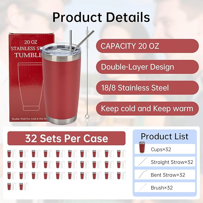 IEOVIEE 32 Pack, 20oz Stainless Steel Bulk Tumblers with Lids and Straws, Double Wall Insulated Travel Mug, Durable Powder Coated Tumbler Bulk Cup for Cold and Hot Drinks(Red) - Bloomnest