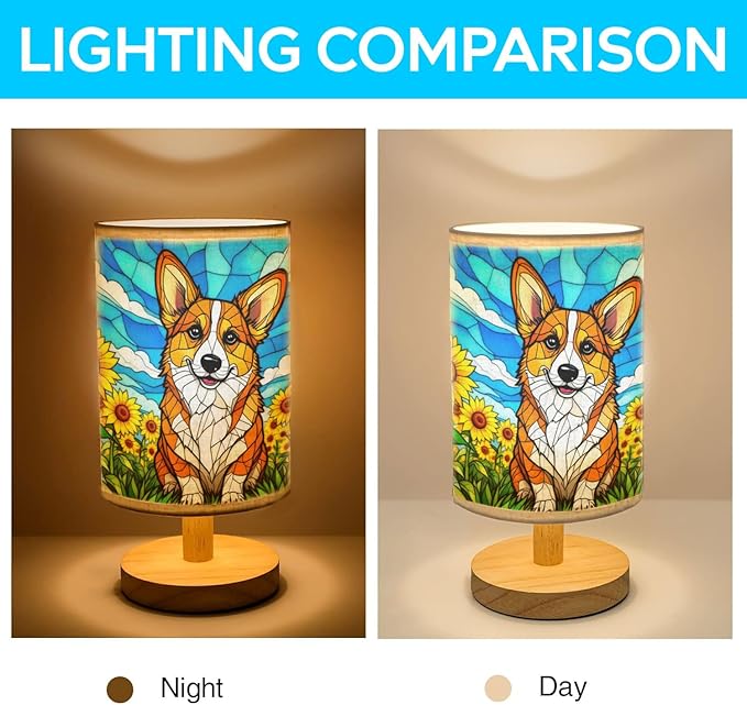 Pembroke Welsh Corgi Table Lamp LED 3-Color Pressed Bedside, Dog Shade Lamp with Wood Base for Bedroom Living Room Desk Office - Bloomnest