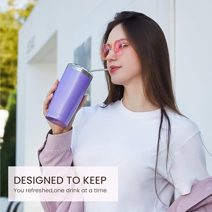 MEWAY 20oz Tumbler 8 Pack Double Wall Vacuum Insulated Travel Glitter Mug Bulk, Stainless Steel Tumblers with Lid and Straw, Powder Coated Coffee Cups for Woman(Rainbow Purple,Set of 8) - Bloomnest