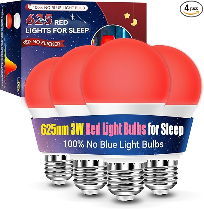 Neporal 3W 625nm Red Light Bulbs for Sleep, 100% Blue Light Blocking Bulb, Red Light Night Light for Melatonin Promoting, A19 40W Equivalent Dim Light Bulbs for Bedroom, Baby Nursery,4 Pack - Bloomnest