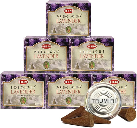 TRUMIRI Incense Cone Holder Bundle with Hem Precious Lavender Incense Cones - Pack of 6 (Approx 60 Cones) TRUMIRI