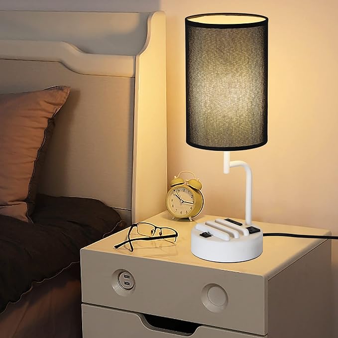 Dreamholder Table Lamp with 3 USB Charging Ports, Modern Desk Lamp with AC Outlet and Phone Stands, Perfect Bedside Lamp for Bedroom, Living Room, Office (Pack of 2), White&Black - Bloomnest