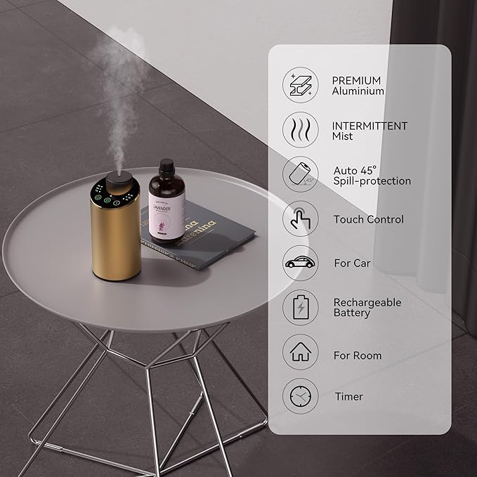 Waterless Essential Oil Diffuser Scent Aromatherapy Diffusers for Home Large Room, Car, Office, Portable Battery Operated Cordless Air Freshener, 4 Timers & 3 Mist Levels, 100ml Capacity (Golden) - Bloomnest