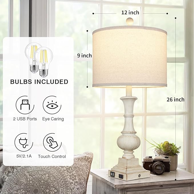 26" Farmhouse Table Lamps Set of 2, Rustic Touch Control Bedside Lamps with 2 USB Ports & AC Outlet, Vintage White Resin 3-Way Dimmable Nightstand Lamp Linen Fabric Shade for Living Room Bedroom Decor - Bloomnest