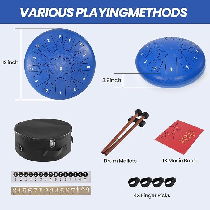 Steel Tongue Drum, 12 Inches 15 Notes Hand Pan Drum, Steel Drum, with Music Book, Handpan Drum Mallet, and Carry Bag (Blue, 12 Inch)