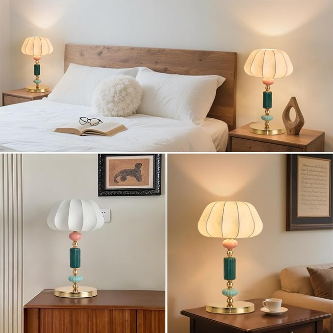 Modern White Fabric Table Lamp Plug in Metal Base Desk Light with Plug Cord Switch for Bedroom Bedside Living Room - Bloomnest