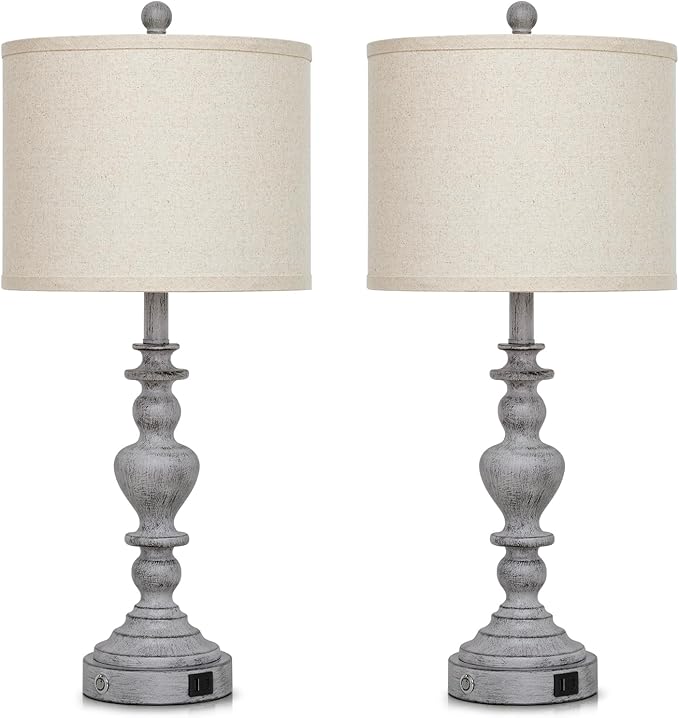 27" Tall Table Lamps for Living Room, 3-Way Dimmable Touch Control Farmhouse Vintage Table Lamps Set of 2 with USB C+A Ports and AC Outlets, Rustic Bedside Nightstand Lamp for Bedrooms Office Grey - Bloomnest