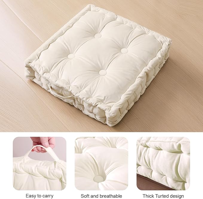 Square Floor Pillows, Large Floor Cushion for Adults Kids, Meditation Floor Pillow Seating Cushion with Shredded Memory Foam and Silk Wadding, 20"x20"x5" Ivory 2 Count - Bloomnest
