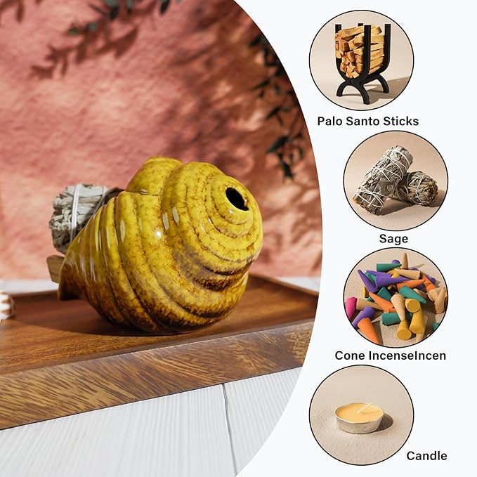 Yellow Ceramic Conch Palo Santo Holder - Mini Chimney Incense Burner, Tabletop Smudge Bowl Compatible with Sage/Sticks/Cones/Copal,for Yoga、Zen Meditation、Witchcraft, Ideal Altar Decor Gift - Bloomnest