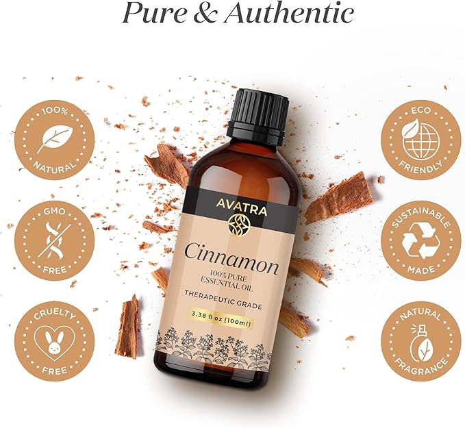 Avatra Cinnamon Essential Oil 100ML (3.38 OZ) with Glass Dropper and Travel Bottle, Pure and Natural Therapeutic Grade Cinnamon Oil for Diffuser, Aromatherapy, Massage, and DIY Candle Products - Bloomnest