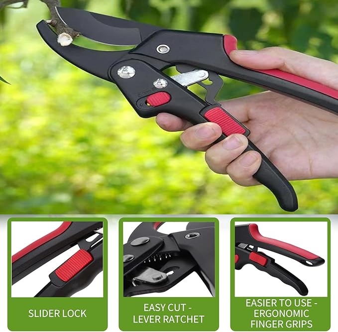 Garden clippers, premium Germany pruners, Work 3 times easier, professional ratchet pruning shears, cutting rose, flower, hedge, stem, tree, Sharp gardening scissors, Arthritis weak hand snips - Bloomnest
