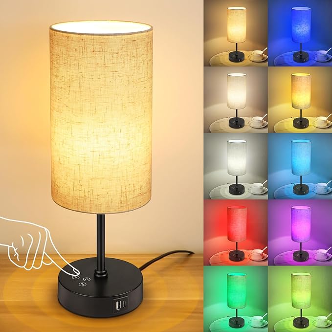 Unicozin Table Lamp, 3 CCT 3000K/4500K/6500K & RGB Color Changing, Stepless Dimmable Small Bedside Lamp for Reading, Ambience Nightstand Light for Home Decor Party, Beige Shade - Bloomnest