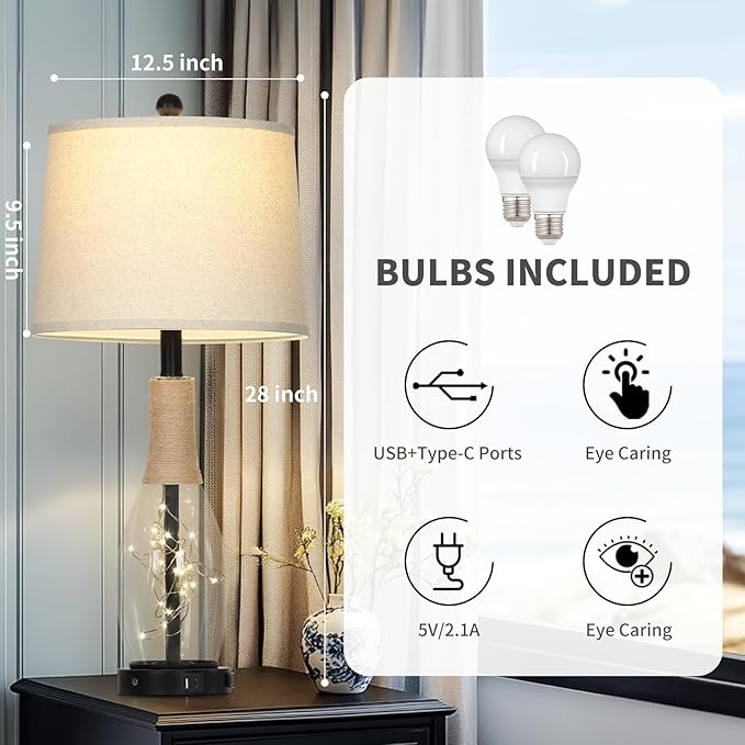 28" Tall Coastal Table Lamps Set of 2, Glass Black Modern Table Lamps with 3-Way Dimmable Touch Control Fairy Lights & Type-C Charging, Beach Nautical Bedside Lamps for Living Room Bedrooms End Table - Bloomnest