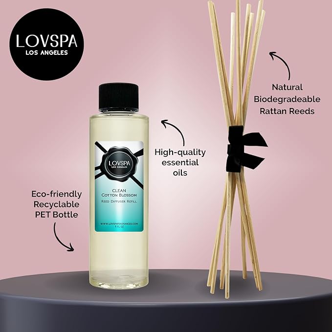 LOVSPA Clean Cotton Blossom Diffuser Oil - Luxury Essential Oils for Diffuser Refill & Air Freshener Room Spray - Long-Lasting & Natural Home Fragrance, Scented Oil for Diffusers, USA Made, 4oz - Bloomnest