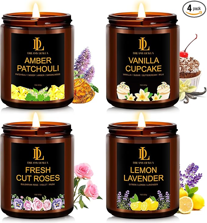 4 Pack Candles for Home Scented, 28 oz Soy Aromatherapy Candle Set, Mother's Day Candle Gifts for Women, Scents of Fresh Cut Roses/Lemon Lavender/Vanilla Cupcake/Amber Patchouli - Bloomnest