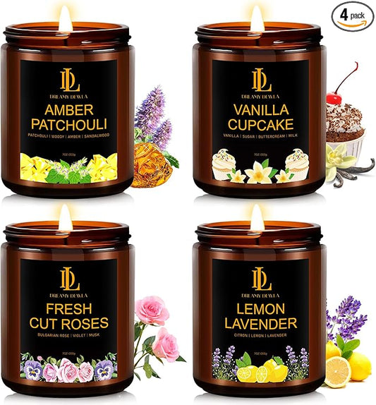 4 Pack Candles for Home Scented, 28 oz Soy Aromatherapy Candle Set, Mother's Day Candle Gifts for Women, Scents of Fresh Cut Roses/Lemon Lavender/Vanilla Cupcake/Amber Patchouli - Bloomnest