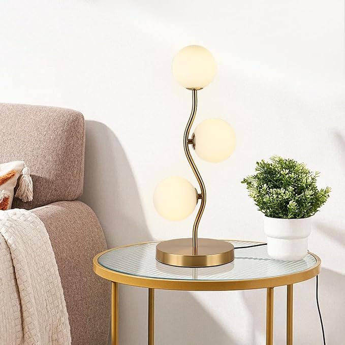 Mid Century Gold Globe Table Lamp 3-Light Flower Curve Beside Desk Table Light with Milk White Glass Shade Metal Base Nightstand Lamp for Bedroom Bedside - Bloomnest