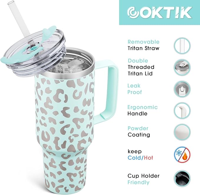 COKTIK 40 oz Tumbler With Handle and Straw Lid, Vacuum Insulated Travel Coffee Mug Stainless Steel Insulated Cup for Beverages, Leak-proof, Cupholder Friendly (Seafoam Leopard) - Bloomnest