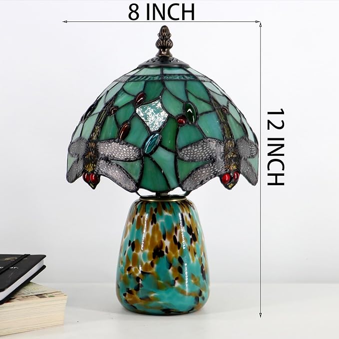 Tiffany Mushroom Table Lamp Dragonfly Style Grass Green Stained Glass Accent Lamp Brown Blue Glass Base 8X8X12 Inch - Bloomnest