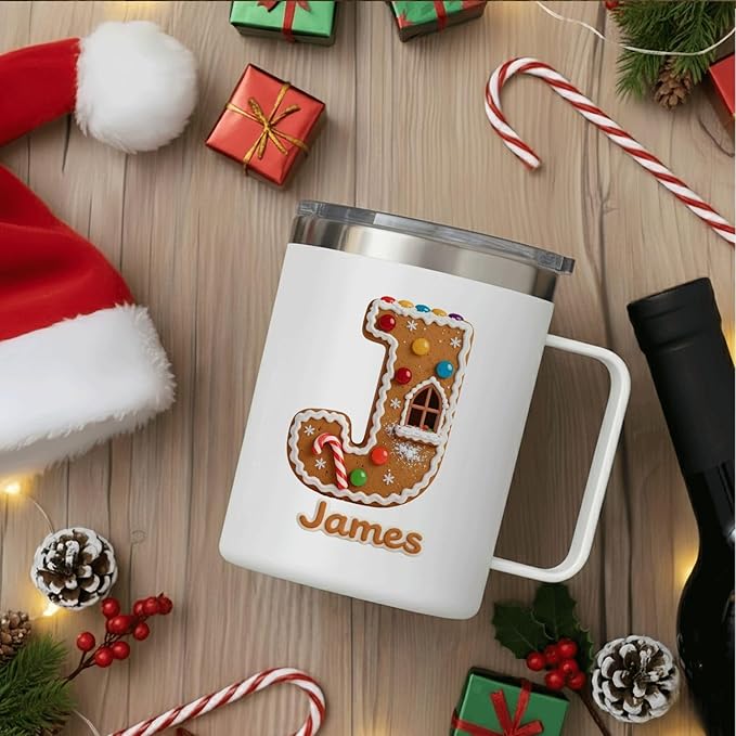 Personalized Christmas Mug | Custom Gingerbread House Initial Insulated Coffee Cup with Handle & Lid | 12oz Holiday Tumbler, Cute Baking & Stocking Stuffer Gift (B17) - Bloomnest