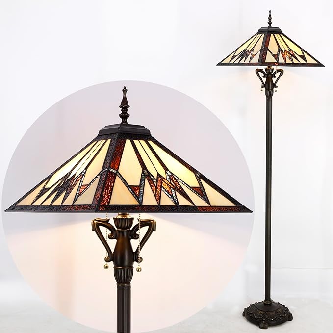 Tiffany Floor Lamp Cream Amber Mission Style Stained Glass Standing Reading Light 16X16X64 Inch - Bloomnest