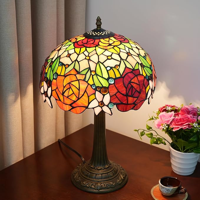 Tiffany Lamp Bedside Table Lamp-Nightstand,Stained Glass Lamp for Bedroom Dorm Living Kitchen, Aesthetic Cute Home Decor Gift (Rose Flower) - Bloomnest