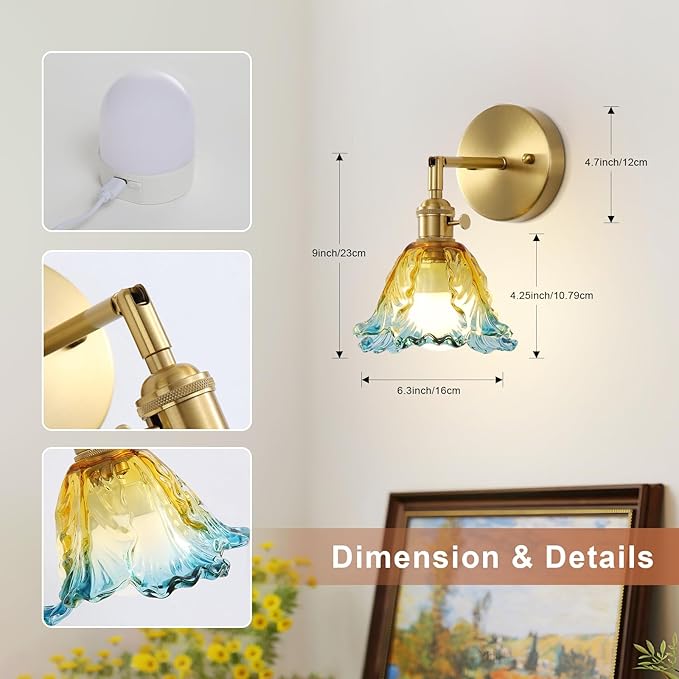 2 Pack Vintage Battery Operated Wall Sconces, Cabbage Yellow Lampshade & 180 Degree Adjustable, Wireless Rechargeable RGB Wall Light with Remote Control, for Bedroom Living Room Hallway Aisle - Bloomnest