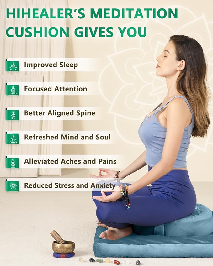 Hihealer Meditation Cushion Set Large Velvet Floor Pillow & Traditional Tibetan Yoga Bolster for Adults Zafu Meditation Mat with Buckwheat Filling - Bloomnest