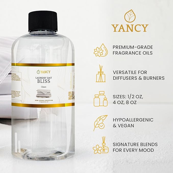 YANCY Laundry Day Bliss Home Collection Fragrance Oil (8 oz), Fresh Laundry-Inspired Scent, Clean Aroma for Diffusers, Oil Burners & Aroma Lamps, Crisp Scent for Daily Freshness YancySpa