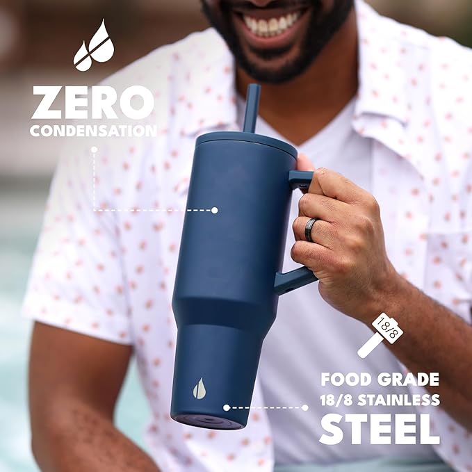 Elemental 40 oz Tumbler with Handle and Straw - Spill Proof Insulated Stainless Steel Commuter for Hot and Cold Beverages - Travel Coffee Mug with 2 Straws & Spill Proof Lid - 40oz - Navy Blue - Bloomnest