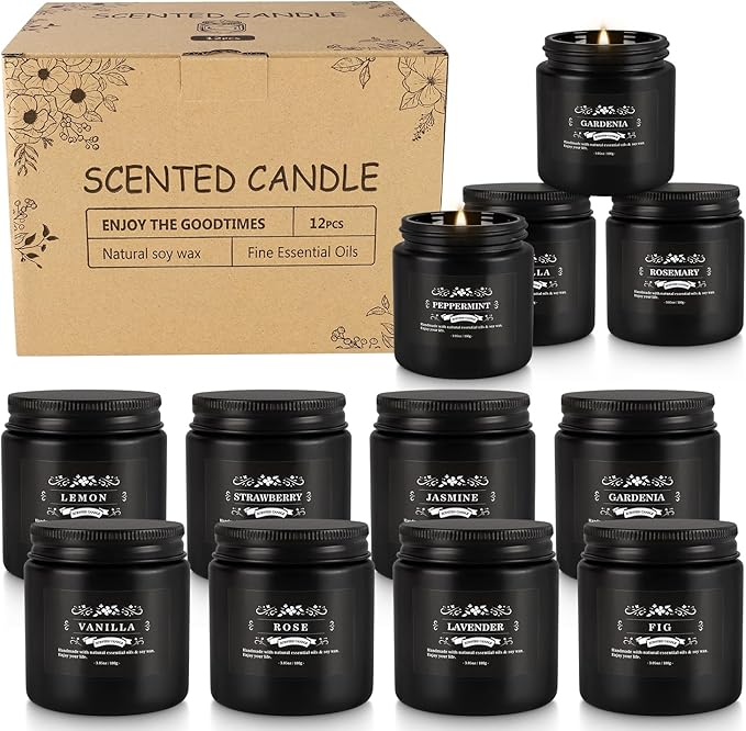 Scented Candle Set 12 Pack,Black, Candle for Home Scented, Odor Eliminating, Stress Relief, Long Lasting Soy Wax Gift Set - Bloomnest