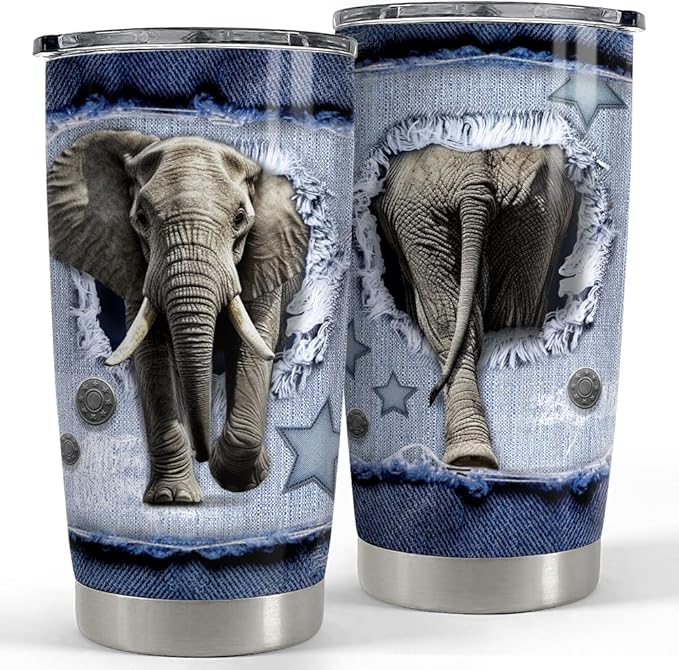 SANDJEST Elephant Tumbler 20oz Stainless Steel Insulated Tumblers Coffee Travel Mug Cup Jeans Drawing Style Elephants Gifts for Women Men Gift for Birthday Christmas - Bloomnest