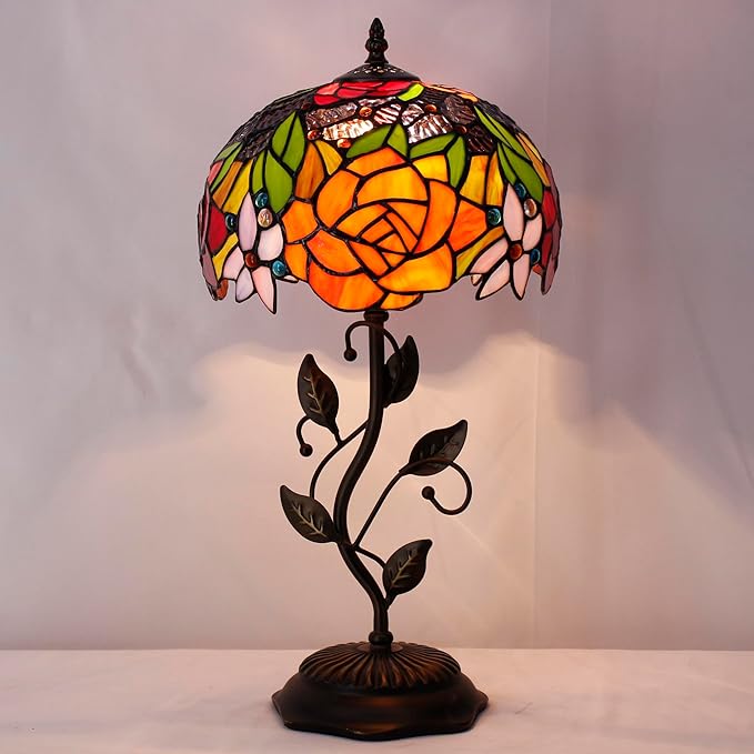 Tiffany Lamp Table Lamp Stained Glass Desk Lamps 10X10X19 Inches Reading Light Decor Bedroom Living Room (Red Rose Style) - Bloomnest
