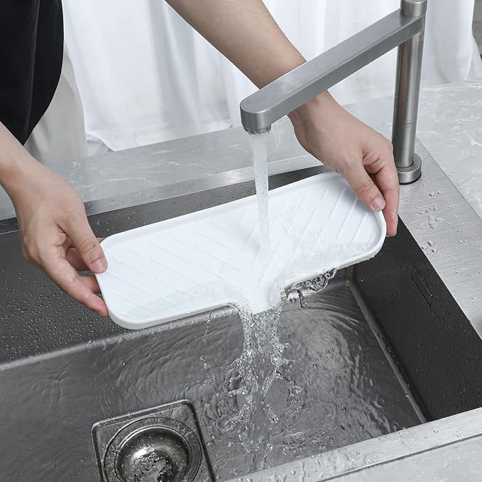 Silicone Bathroom Soap Dishes with Drain Spout-Bathroom and Kitchen Sink Organizer,Sponge Holder,Dish Soap Tray,Perfect for Dispenser,Scrubber,Bottle,Cup on Sink or Counter-White 12"×4" - Bloomnest