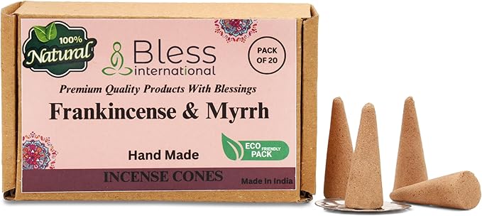 Bless International Frankincense-and-Myrrh 100%-Natural-Incense-Cones Handmade-Hand-Dipped Organic-Chemicals-Free for-Purification-Relaxation-Positivity-Yoga-Meditation The-Best-scents (20 Count)