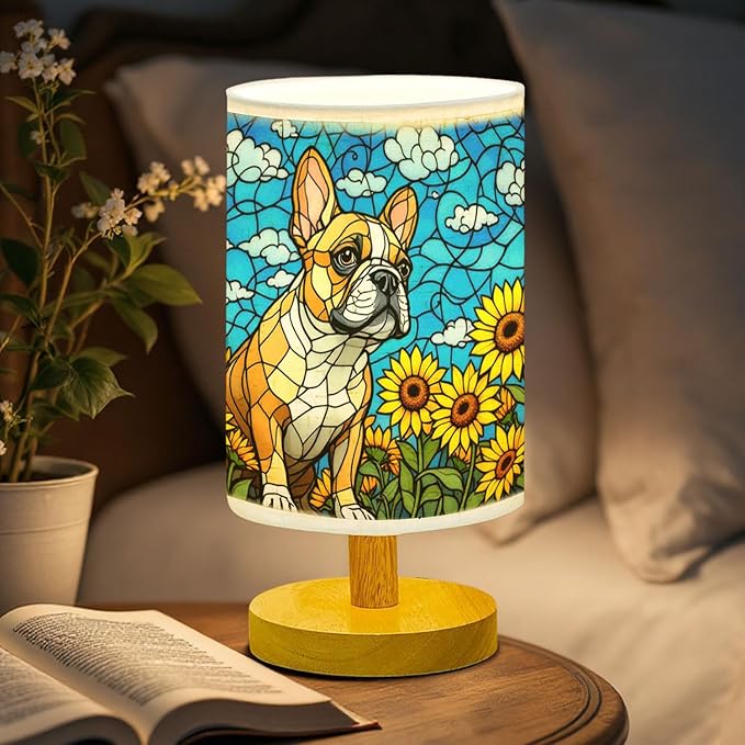 French Bulldog Table Lamp LED 3-Color Pressed Bedside, Dog Shade Lamp with Wood Base for Bedroom Living Room Desk Office - Bloomnest