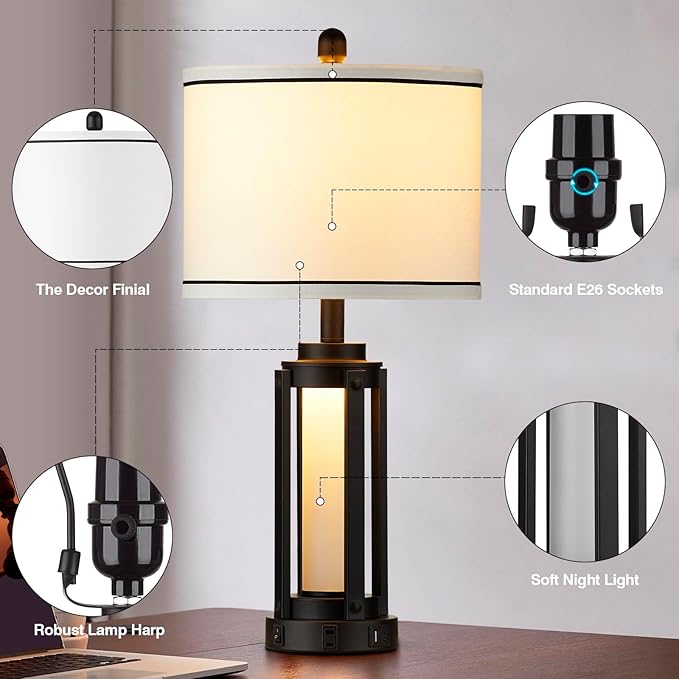 Industrial Table Lamps Set of 2, Modern Beside Lamp with USB A+C Charging Ports & AC Outlet, Rustic Nightstand Lamp with LED Night Light for Living Room Bedroom End Table Entryway Black Bulbs Included - Bloomnest