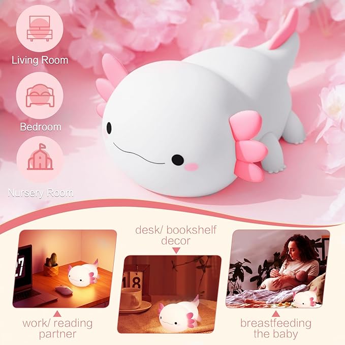Axolotl Night Light for Kids, Cute Squishy Rechargeable Axolotls Lamp, Unique White Pink Xmas Axolotl Gifts, Dimmable LED Silicone Nightlight, Baby Safe, Girls Room College Dorm Décor - Bloomnest