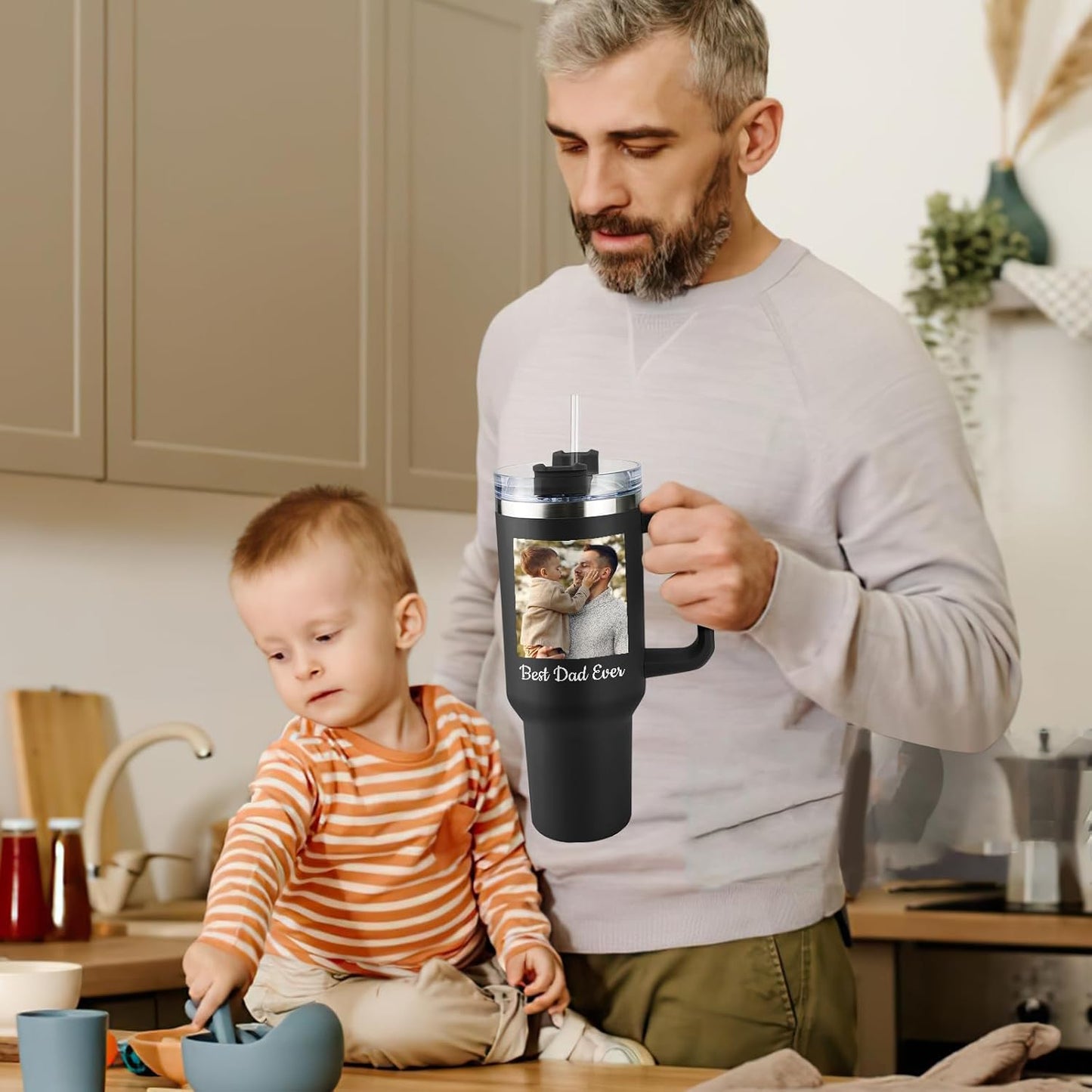 Custom Dad Tumbler with Kids Names, Personalized 40 Oz Tumbler with Handle and Straw, Personalized Birthday Gifts for Dad Husband