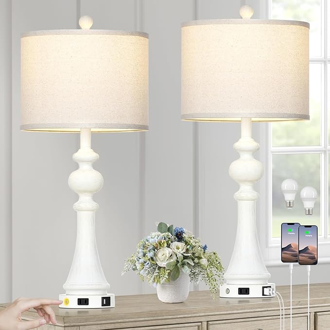 28" Farmhouse Lamps Set of 2 with USB A+C Fast Ports & AC Outlets, Vintage Rustic 3-Way Dimmable Touch Control Table Lamps, Rustic Traditional Bedside Nightstand Lamp for Living Room Bedroom White - Bloomnest