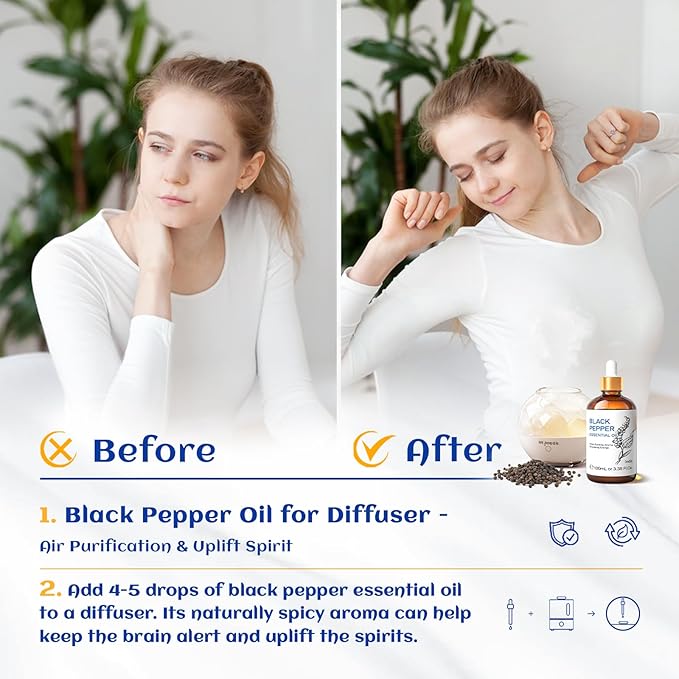 HIQILI Black Pepper Essential Oil for Aromatherapy & Diffuser - Natural Spicy & Warming Scent - Therapeutic Grade - 3.38 Fl Oz - Bloomnest