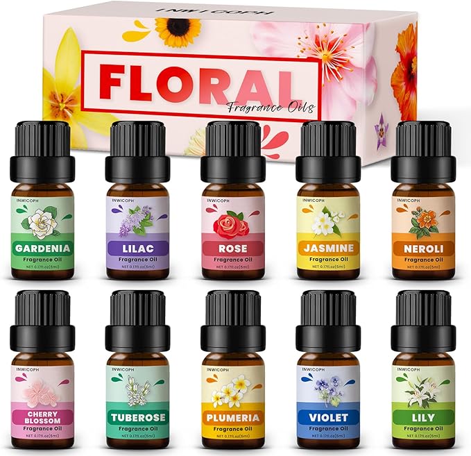 Floral Essential Oils, INWICOPH Flower Fragrance Oil for Candle Making - Rose, Jasmine, Neroli, Gardenia, Lilac, Plumeria and More, Aromatherapy Oils for Diffusers for Home - Bloomnest